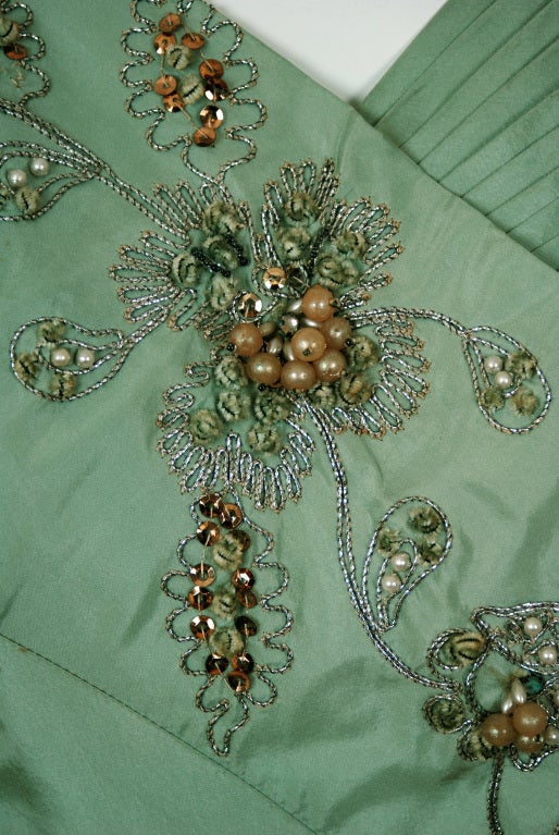 1940's Gothe Mint-Green Beaded Metallic Taffeta Trained Tea-Gown 1