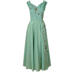 Retro 1940's Gothe Mint-Green Beaded Metallic Taffeta Trained Tea-Gown