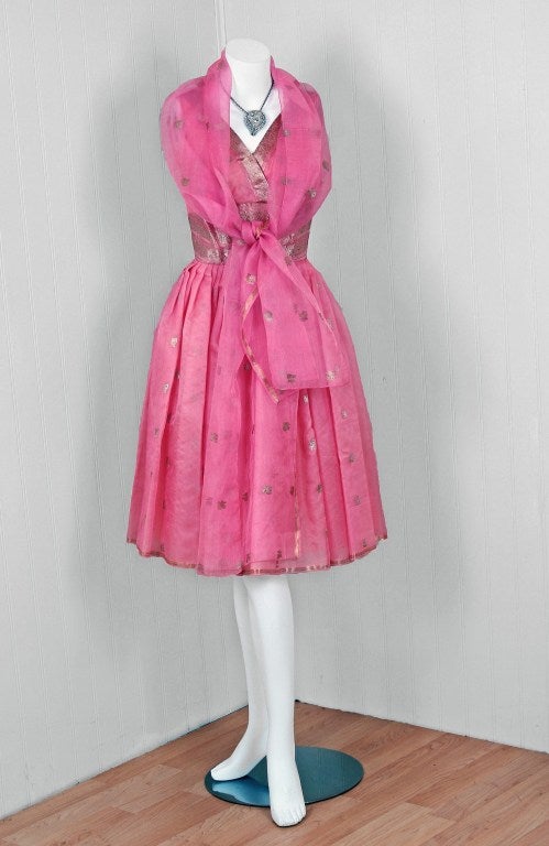 1950's Metallic Baby-Pink Organza Shelf-Bust Party Dress & Shawl In Excellent Condition For Sale In Beverly Hills, CA