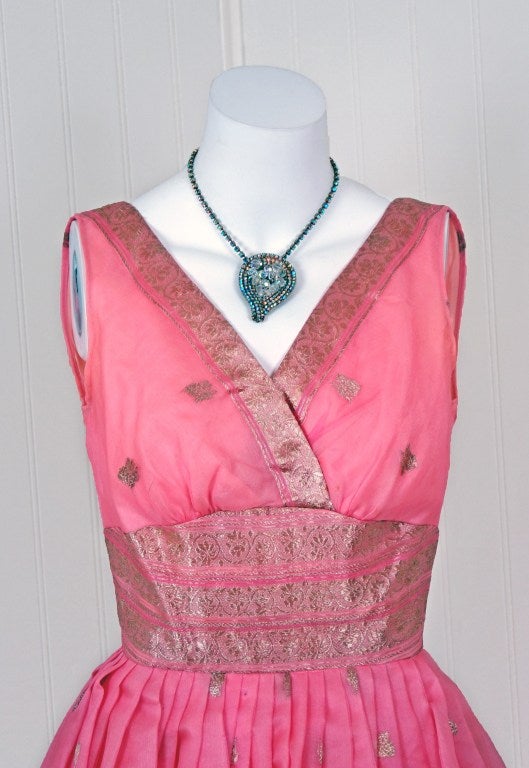 Women's 1950's Metallic Baby-Pink Organza Shelf-Bust Party Dress & Shawl For Sale