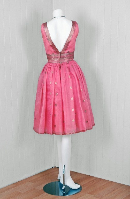 1950's Metallic Baby-Pink Organza Shelf-Bust Party Dress & Shawl For Sale 1