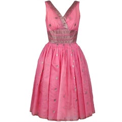 1950's Metallic Baby-Pink Organza Shelf-Bust Party Dress & Shawl