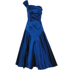 Vintage 1950's Maxwell Shieff Royal-Blue Satin One-Shoulder Party Dress