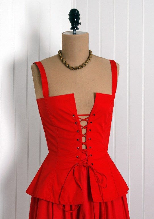 Women's 1970's Yves Saint Laurent Ruby-Red Corset Peasant Dress