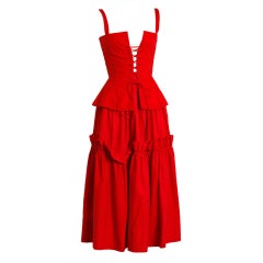 1970's Yves Saint Laurent Ruby-Red Corset Peasant Dress