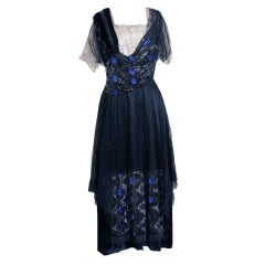1910's Edwardian Sequin-Sparkle Silk & Chantilly-Lace Tea Gown