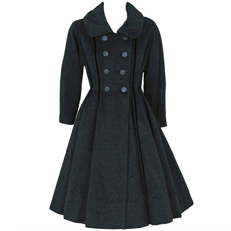 1940's Lilli-Ann Black Wool Velvet Double-Breasted Princess Coat