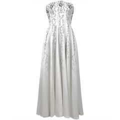 1940's White Beaded Embroidered Rhinestone Satin Strapless Gown
