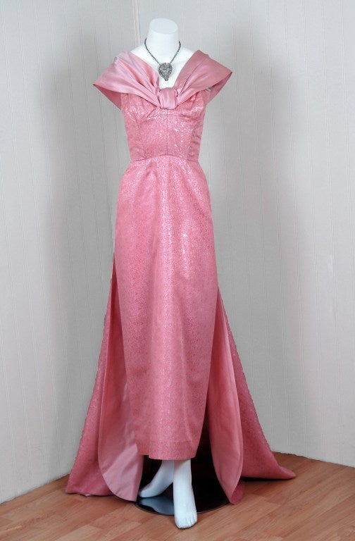 A stunning champagne-pink metallic silk-brocade gown from the 