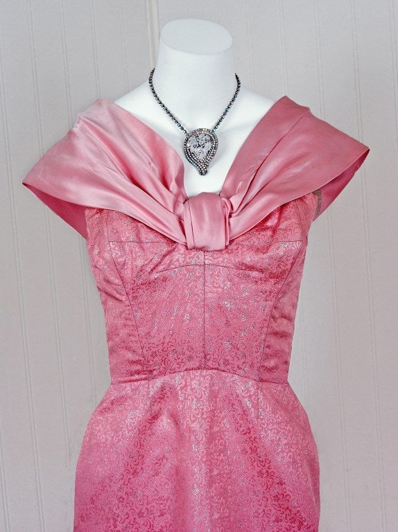 1950's Metallic Pink Silk-Brocade Hourglass Trained Goddess Gown 1