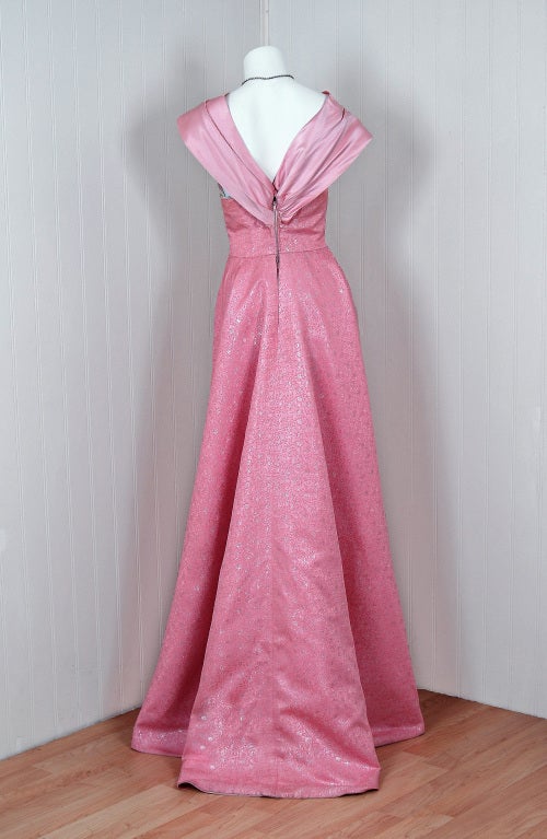 1950's Metallic Pink Silk-Brocade Hourglass Trained Goddess Gown 3