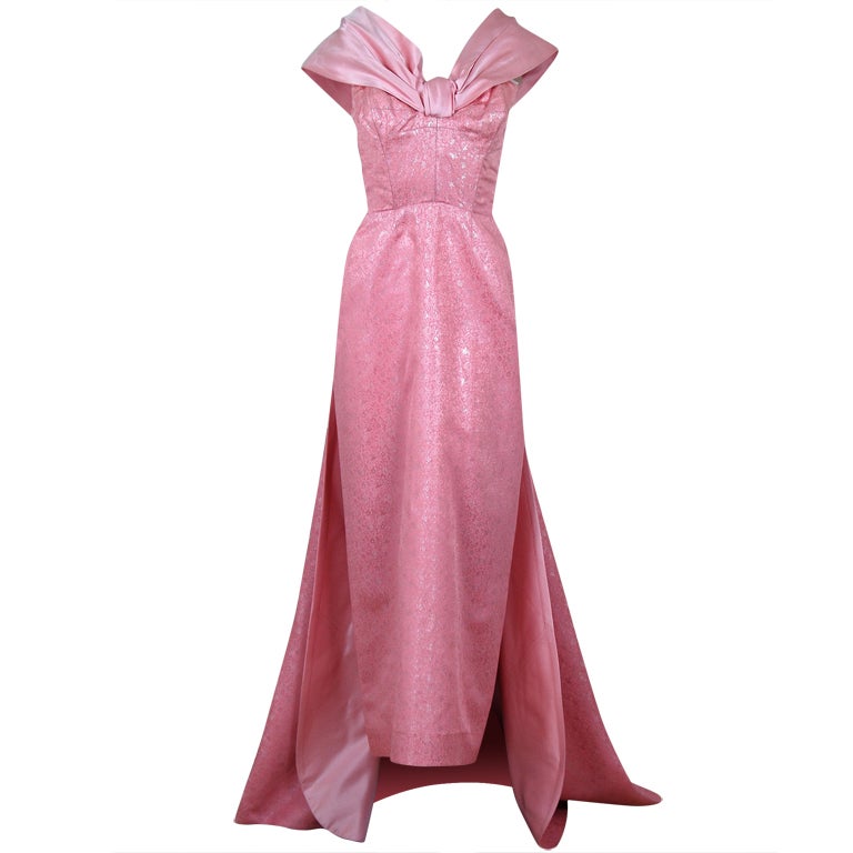 1950's Metallic Pink Silk-Brocade Hourglass Trained Goddess Gown