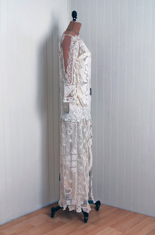 Women's 1920's Ivory-White Filet Crochet Lace & Beaded Silk-Net Gown