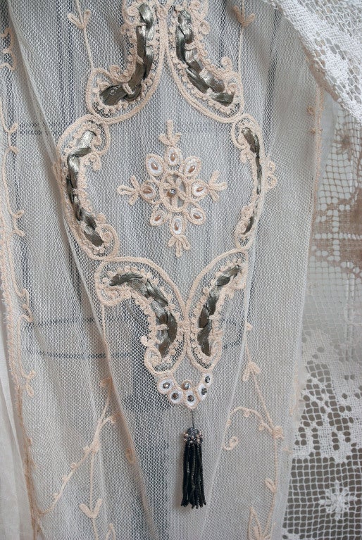 1920's Ivory-White Filet Crochet Lace & Beaded Silk-Net Gown 1