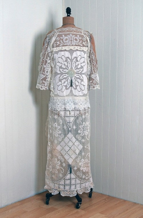 1920's Ivory-White Filet Crochet Lace & Beaded Silk-Net Gown 2