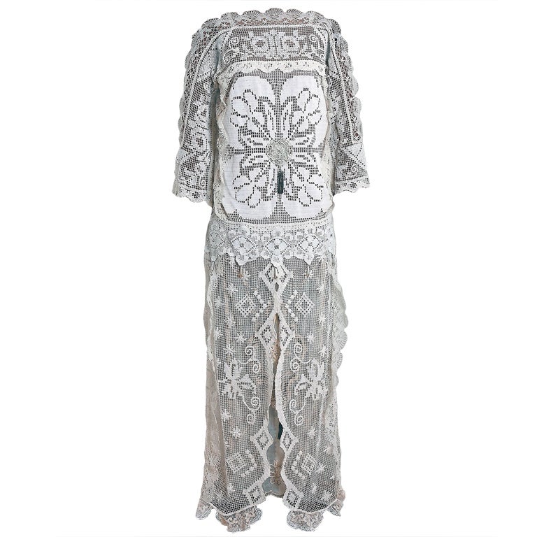 1920's Ivory-White Filet Crochet Lace & Beaded Silk-Net Gown