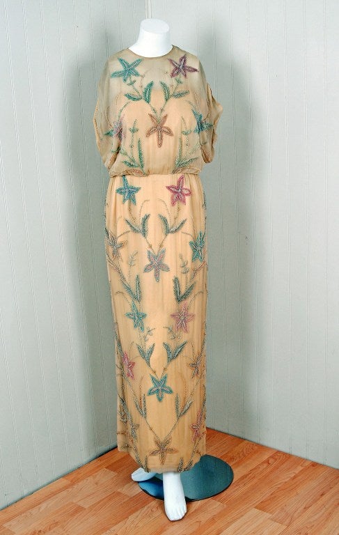 1960's Pale-Yellow Beaded Floral Silk-Chiffon Full-Length Gown
