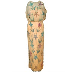 1960's Pale-Yellow Beaded Floral Silk-Chiffon Full-Length Gown