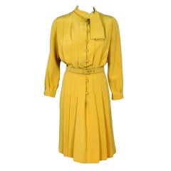 1965 Christian Dior Haute-Couture Chic Yellow Pleated-Silk Belted Dress