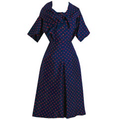 Vintage 1940's Claire McCardell Polka-Dot Print Silk Scarf-Neck Dress