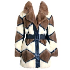1960's Luxurious Ivory & Brown Patchwork Mink-Fur Belted Coat