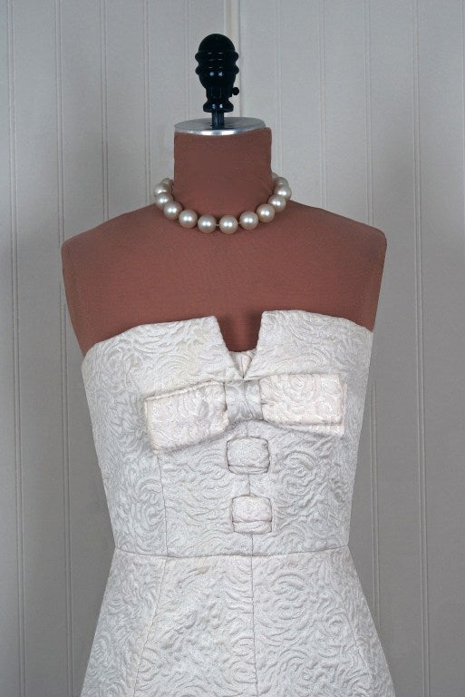 Women's 1960's Jeanne Lanvin White Silk Brocade Strapless Cocktail Dress