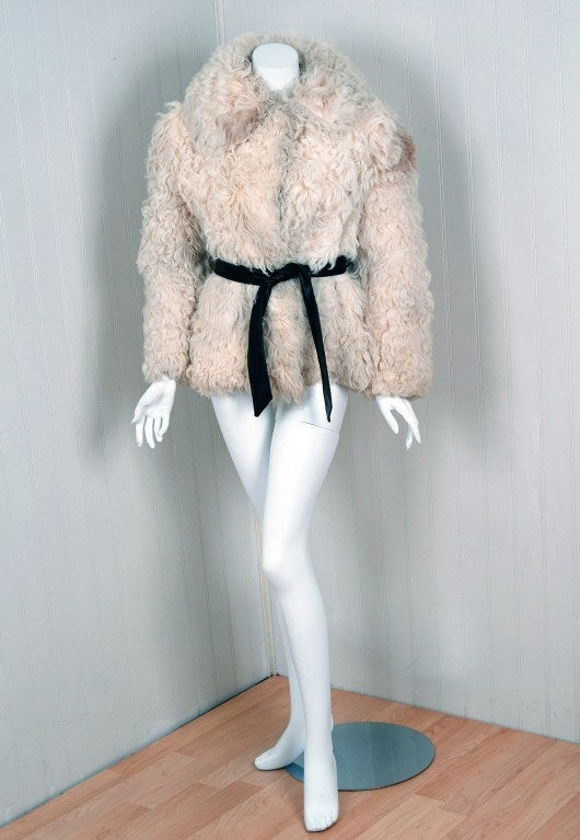 Women's 1960's Exquisite Mongolian Ivory Fur Belted Cropped Coat Jacket