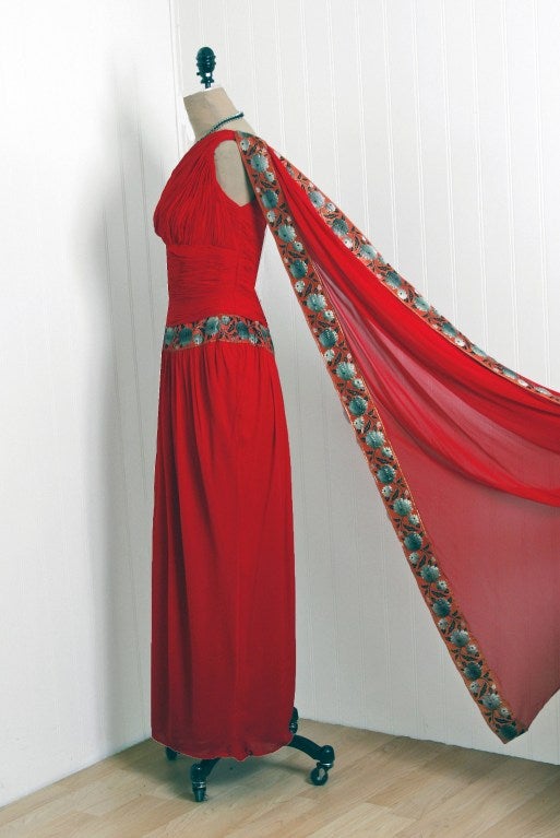 Women's 1960's Ruby-Red Heavily Ruched Silk-Chiffon Goddess Gown