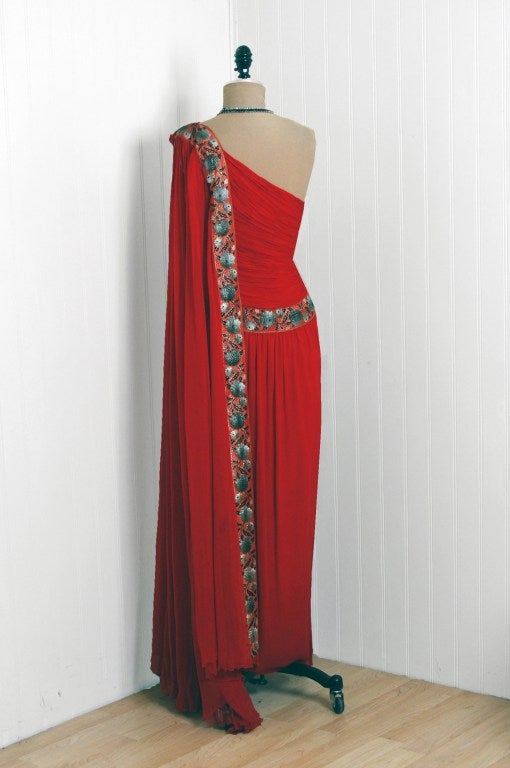 1960's Ruby-Red Heavily Ruched Silk-Chiffon Goddess Gown 2