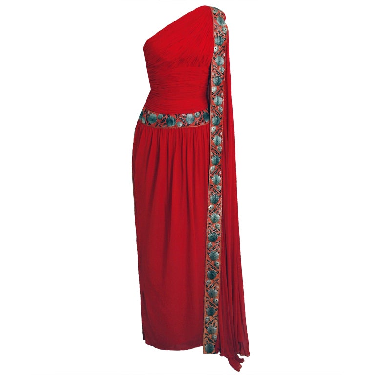 1960's Ruby-Red Heavily Ruched Silk-Chiffon Goddess Gown