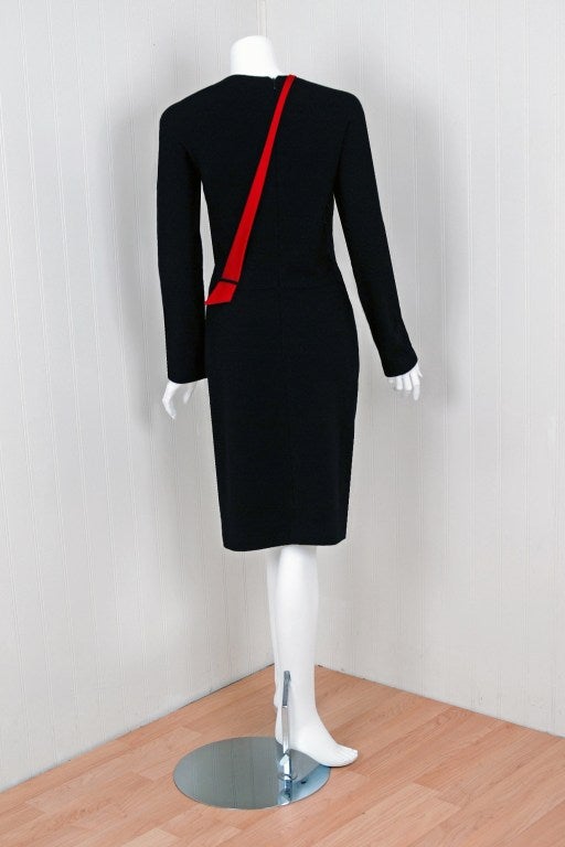 1970's Geoffrey Beene Black-Wool Sculpted Cut-Out Plunge Dress 1