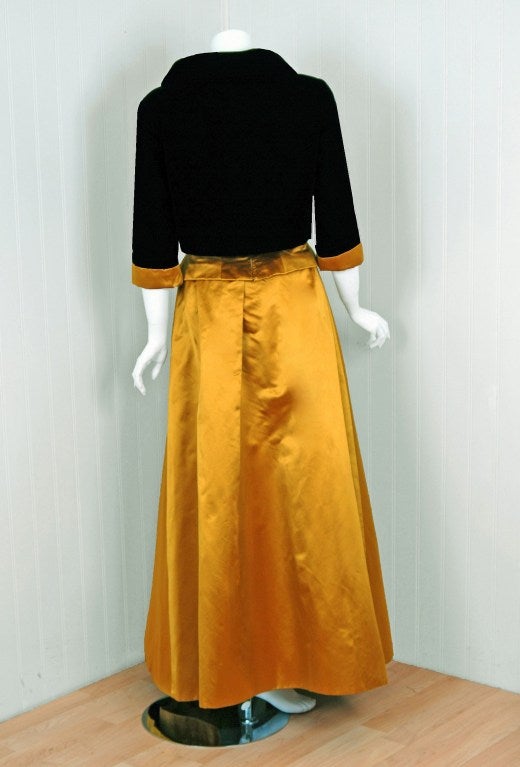 1950's Scaasi Strapless Golden Satin & Black Velvet Evening Gown With Jacket 1