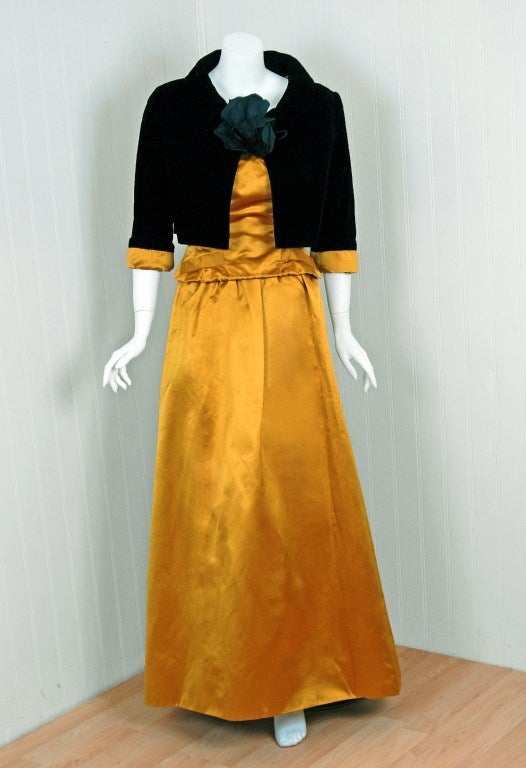 1950's Scaasi Strapless Golden Satin & Black Velvet Evening Gown With Jacket 3