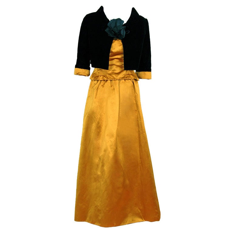 1950's Scaasi Strapless Golden Satin & Black Velvet Evening Gown With Jacket