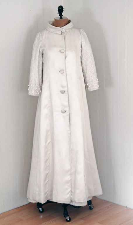 Women's 1960's Norman Norell Beaded Ivory White Silk-Faille Gown & Evening Coat