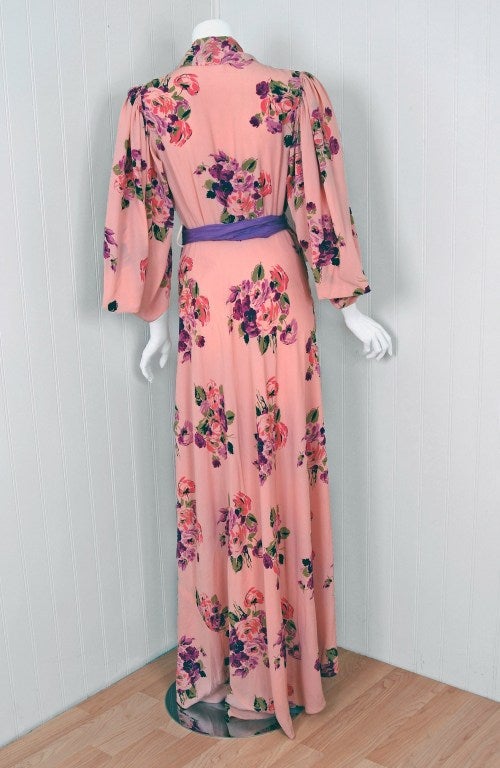 1930's Rose Garden Silk-Rayon Winged-Sleeve Dressing Gown at 1stdibs