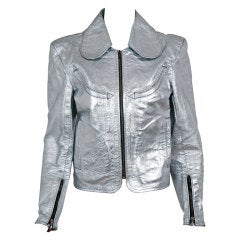 Vintage 1970's Rare Metallic-Silver Leather Zip-Up Rodeo Cropped Jacket