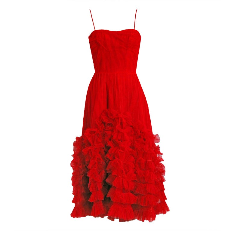 1950's Ceil Chapman Ruby-Red Tiered Ruffle-Tulle Hourglass Cocktail Dress