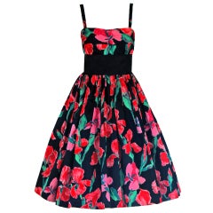 1955 Traina-Norell Watercolor Iris-Floral Print Satin Full Cocktail Party Dress 6