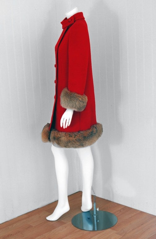 1960's Rich Ruby-Red Wool & Genuine Fox-Fur Tailored Coat 1