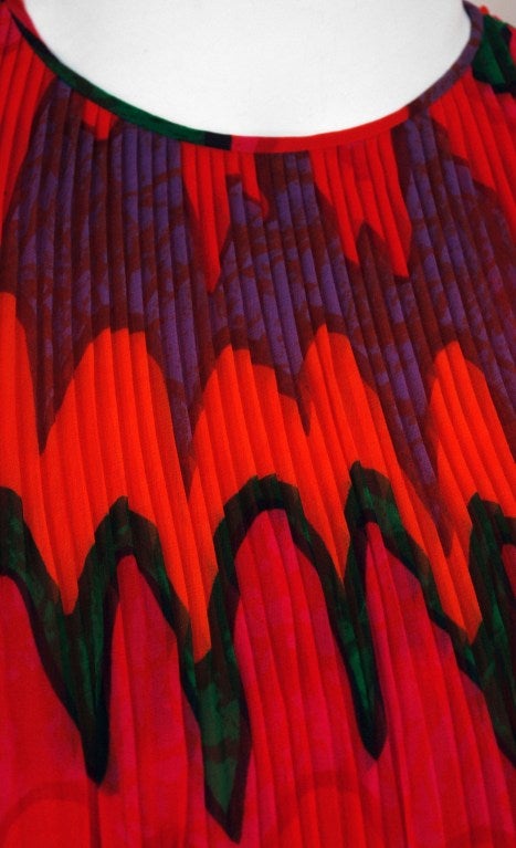 Red 1968 Pierre Cardin Colorful Psychedelic Pleated Silk-Chiffon Mod Mini Dress