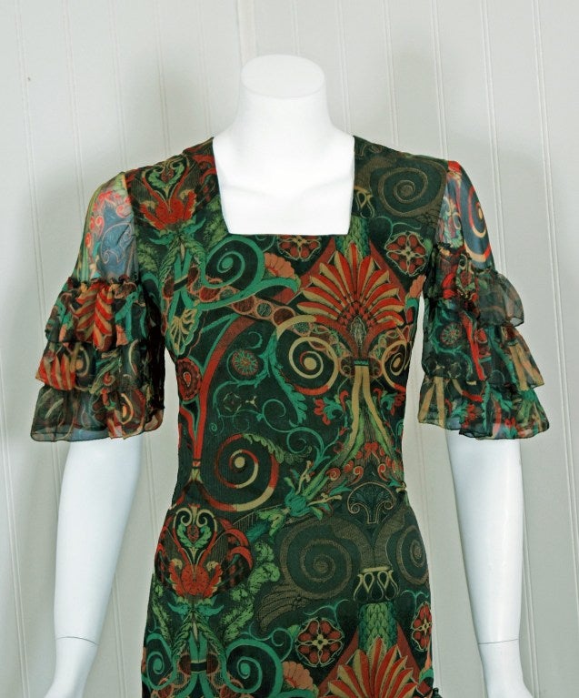 1970's Thea Porter Couture Colorful Print Silk-Chiffon Tiered Dress In Excellent Condition In Beverly Hills, CA