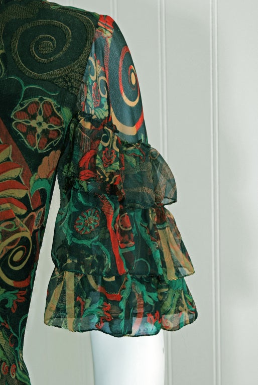 Women's 1970's Thea Porter Couture Colorful Print Silk-Chiffon Tiered Dress