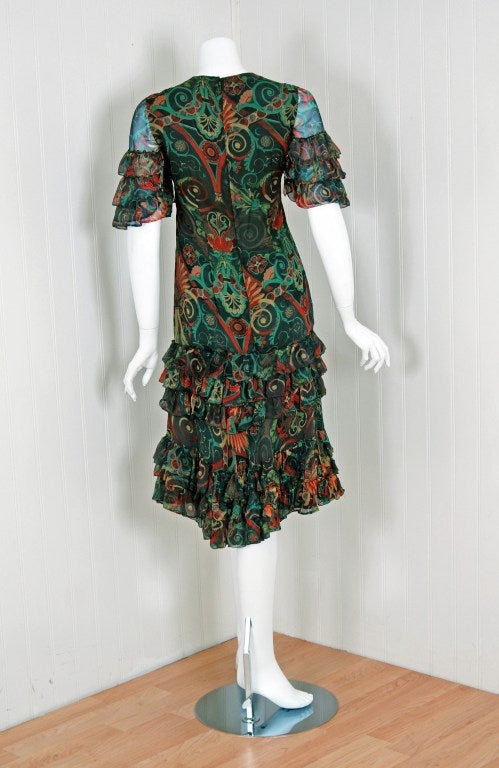 1970's Thea Porter Couture Colorful Print Silk-Chiffon Tiered Dress 1
