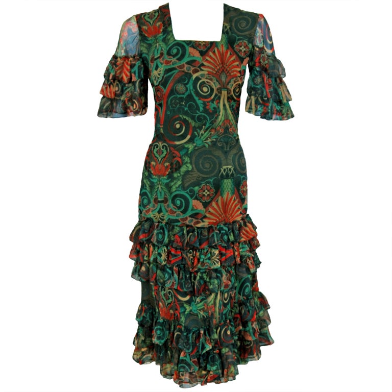 1970's Thea Porter Couture Colorful Print Silk-Chiffon Tiered Dress