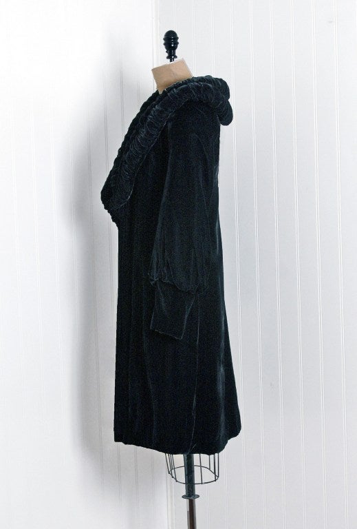 Women's 1930's Chanel Adaptation Black Ruched Silk-Velvet Deco Jacket Coat