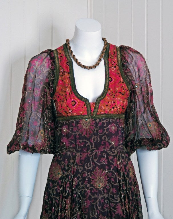 Women's 1970's Thea Porter Metallic Threaded Floral Print-Silk Dress