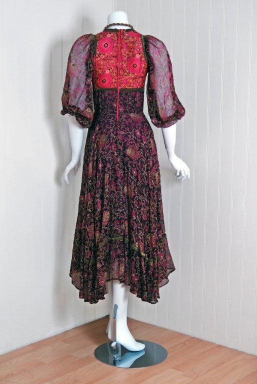 1970's Thea Porter Metallic Threaded Floral Print-Silk Dress 3
