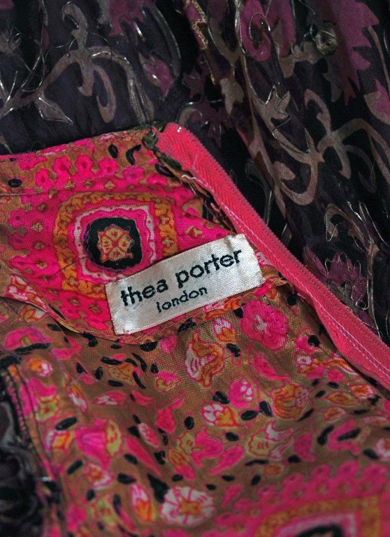 1970's Thea Porter Metallic Threaded Floral Print-Silk Dress 4