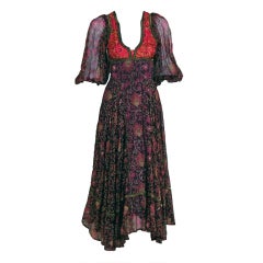 1970's Thea Porter Metallic Threaded Floral Print-Silk Dress